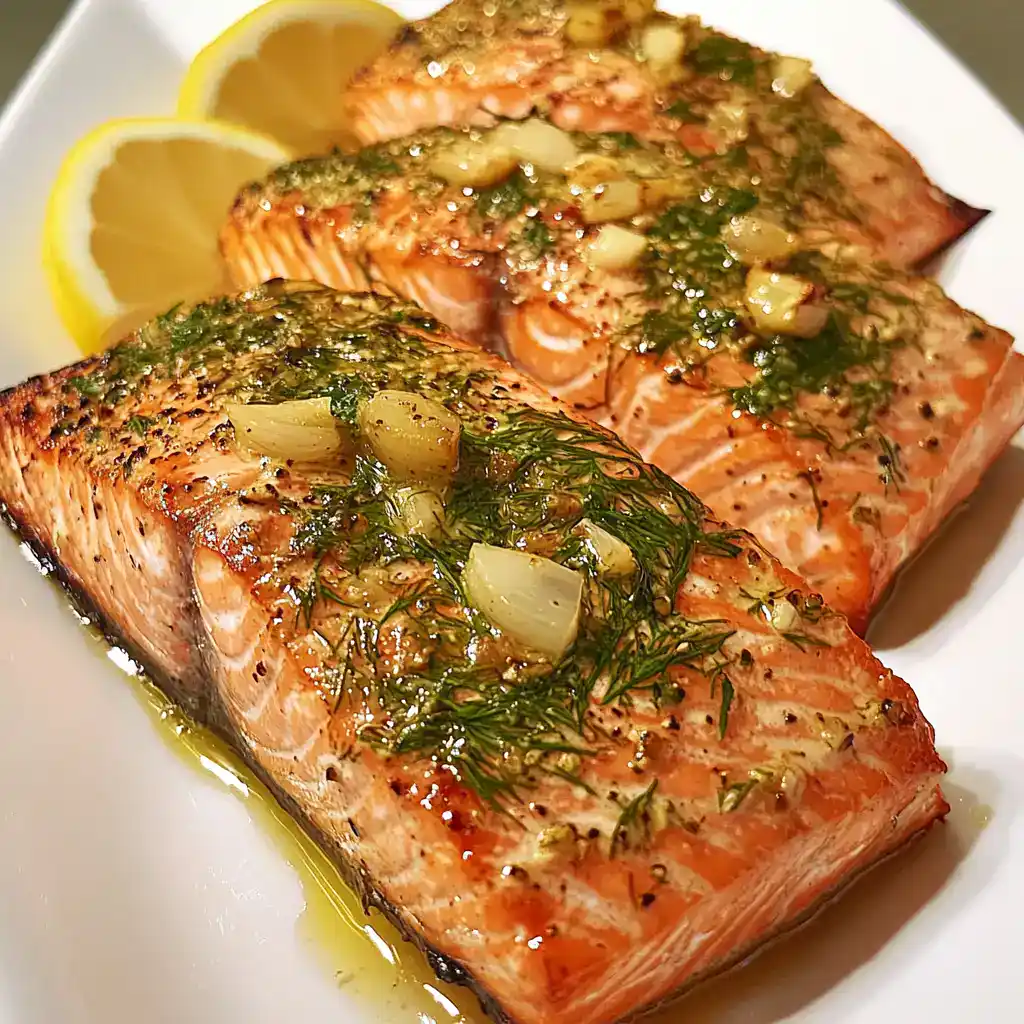 Salmon fillets with garlic, herbs, and lemon slices on a white plate, seasoned and cooked to perfection. An easy and healthy seafood recipe perfect for quick dinners or special occasions.