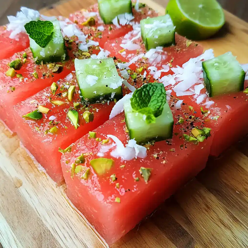 Fresh watermelon square topped with cucumber chunks, shredded coconut, crushed pistachios, and mint leaves on a wooden board, garnished with lime for a refreshing summer treat.
