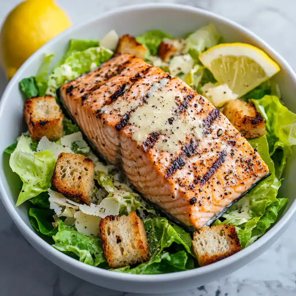 Pan-seared salmon salad with grilled lemon, croutons, and shaved Parmesan cheese, featuring fresh lettuce and a creamy dressing for a healthy, delicious meal.