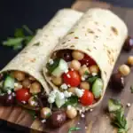 Fresh vegetable chickpea wrap filled with cucumber, cherry tomatoes, olives, and feta cheese on a wooden cutting board.