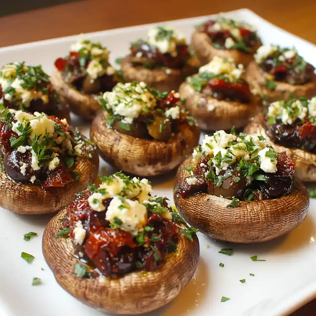Sautéed stuffed mushrooms with herbs, cheese, and tomato topping, served on a white platter. Perfect appetizer for parties or family dinners, showcasing fresh ingredients and bold flavors.