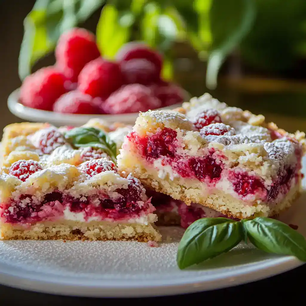 Fresh homemade raspberry cream cheese pie with flaky crust, topped with powdered sugar, served with a side of fresh raspberries and basil garnish. Perfect for summer desserts and berry recipes.
