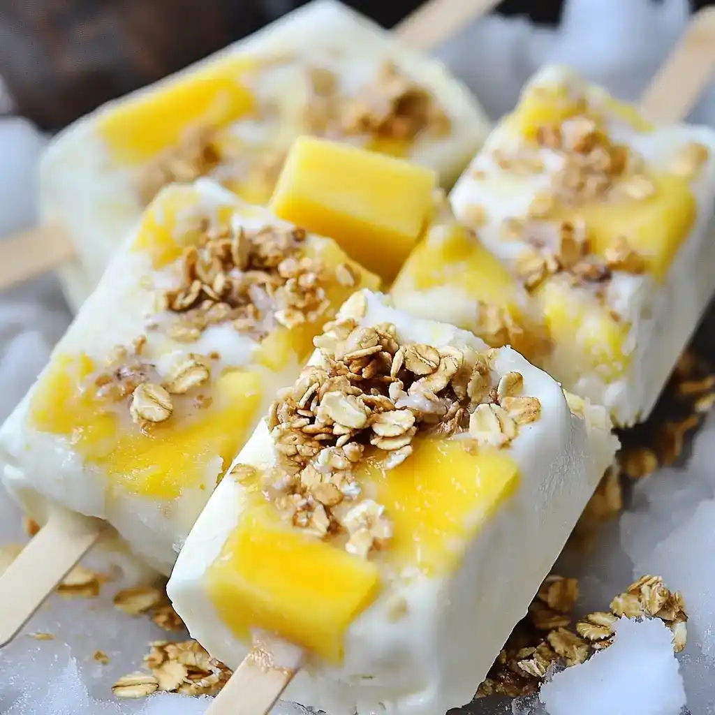 Cool Pineapple Vanilla Yogurt Pops with Granola for a refreshing summer treat.