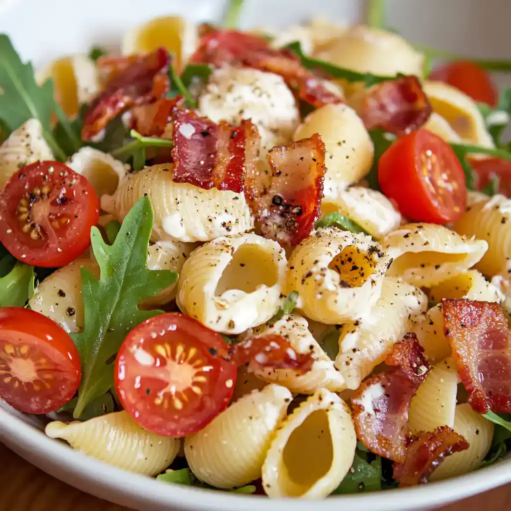 Fresh pasta salad with bacon, cherry tomatoes, greens, and a light dressing, perfect for summer meals and healthy eating. A delicious, flavorful combination of crispy bacon, vine-ripened tomatoes, and tender pasta.