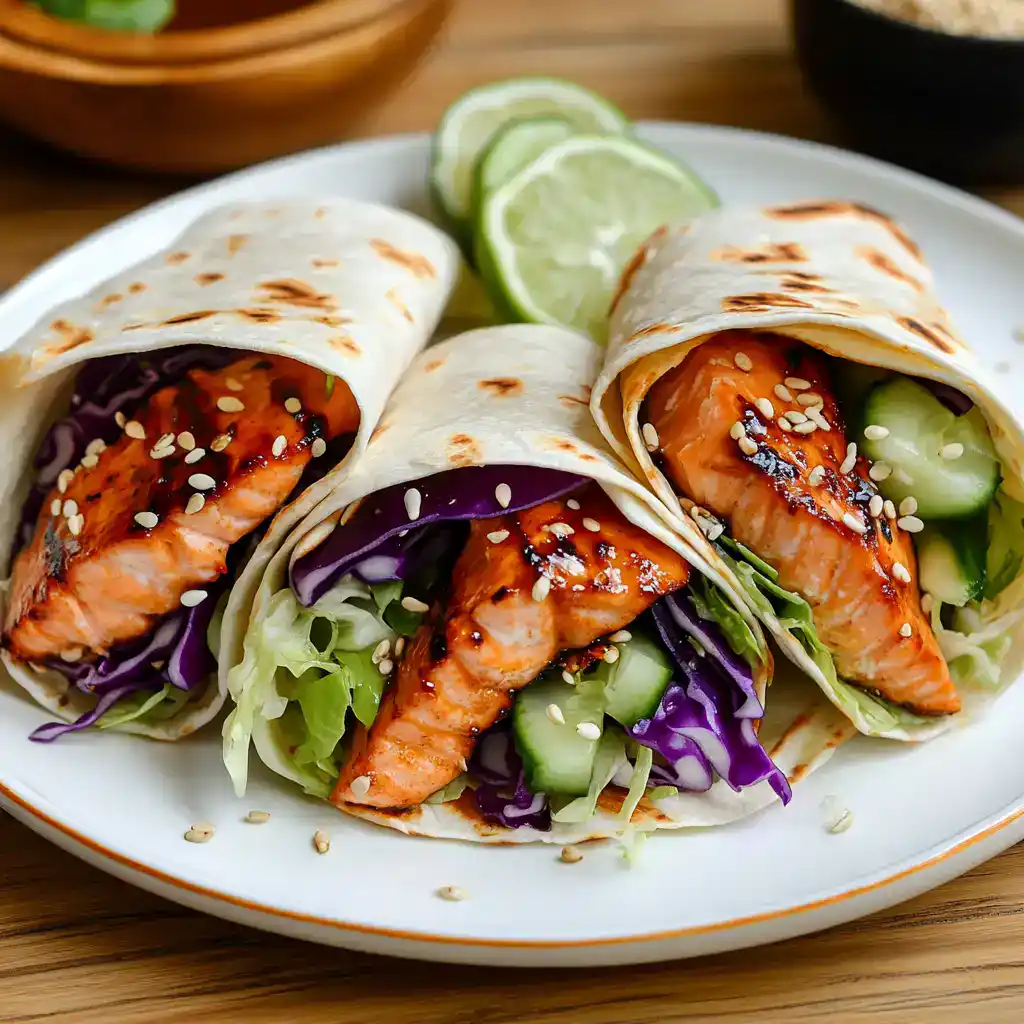 Grilled salmon sushi burritos with fresh vegetables and sesame seeds served on a white plate.