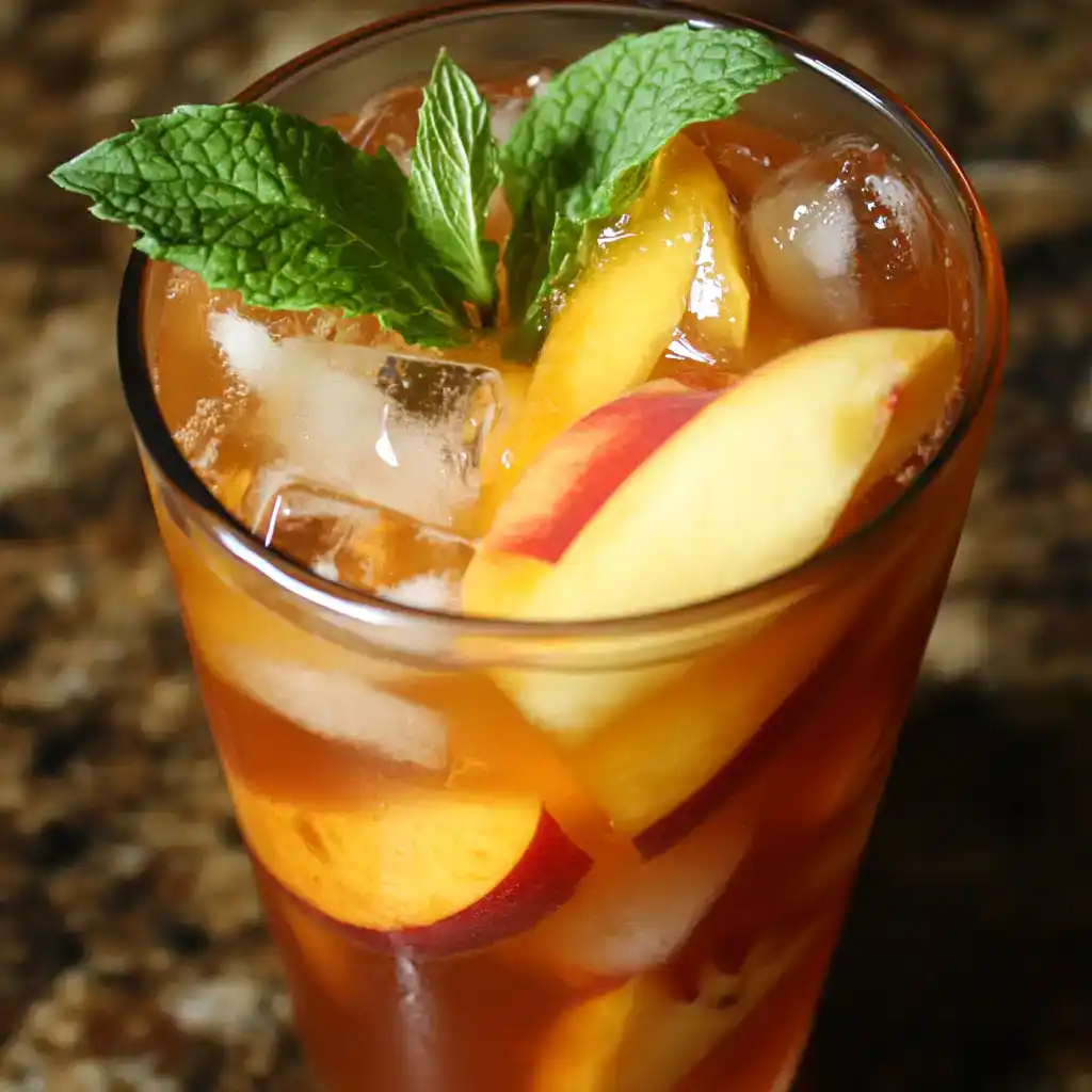 Fresh peach iced tea garnished with mint and ice cubes, served in a tall glass. Perfect for summer, combining sweet peach slices and refreshing iced tea for a delightful beverage experience.