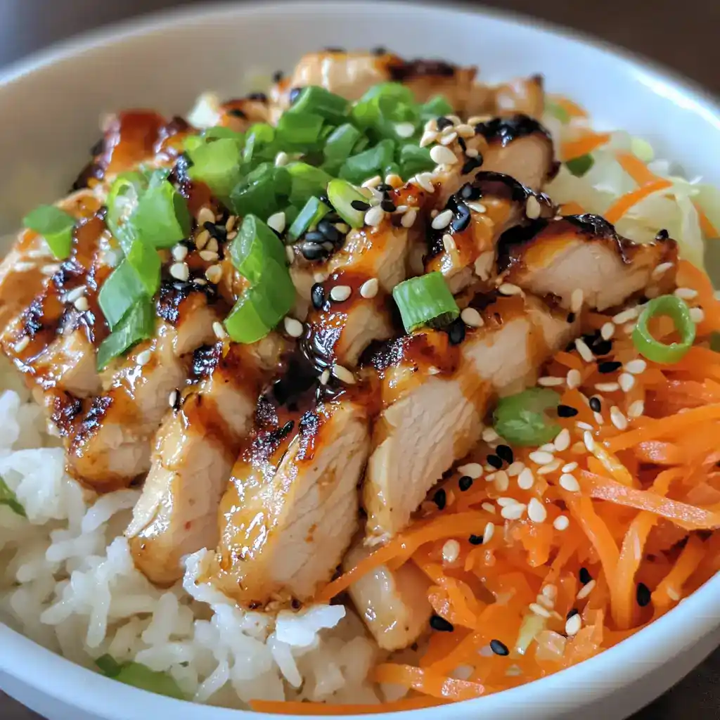 Sushi bowl with grilled chicken, fresh vegetables, sesame seeds, and green onions served over rice, featuring flavorful sauces for a healthy and delicious meal option.