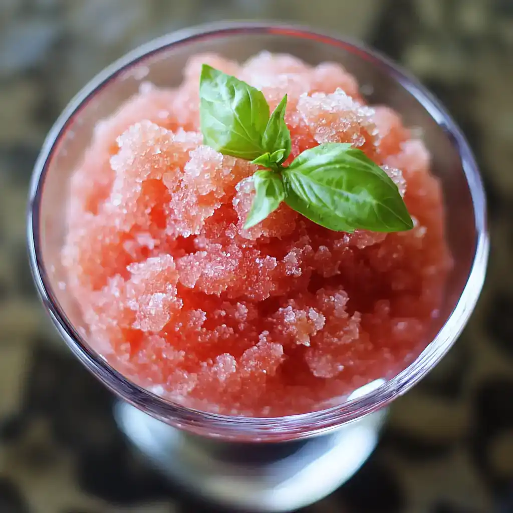 Watermelon granita with fresh basil garnish, refreshing summer fruit recipe, healthy dessert idea, easy frozen fruit treat, station recipes outdoor dessert, fruit-based frozen beverage, chilled watermelon sorbet, summer party drinks, icy fruit granita, garden party refreshments.