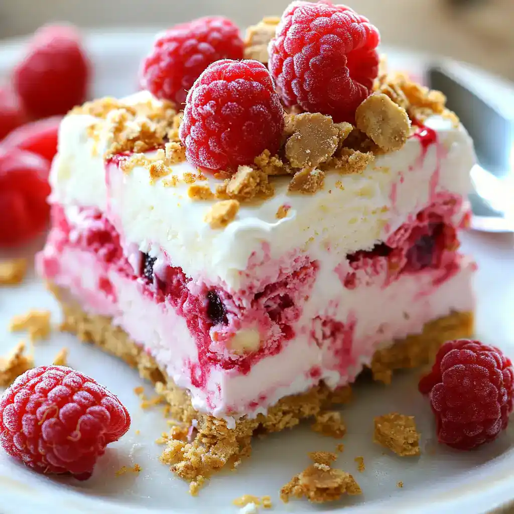 Fresh raspberry icebox cake with graham cracker crust, whipped cream, and crushed cookies, topped with fresh raspberries for a delicious summer dessert.