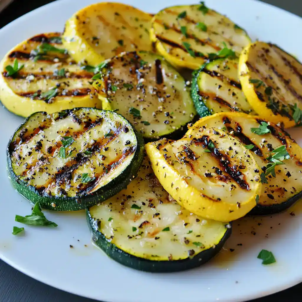 Grilled summer squash and zucchini slices seasoned with herbs and spices, perfect for healthy side dishes or snacks, featuring a delicious blend of smoky flavor and fresh herbs.