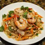 Juicy shrimp and vegetable stir-fry dish served on a white plate, garnished with cilantro and chopped peanuts. Perfect for quick, healthy meals or Asian-inspired recipes.