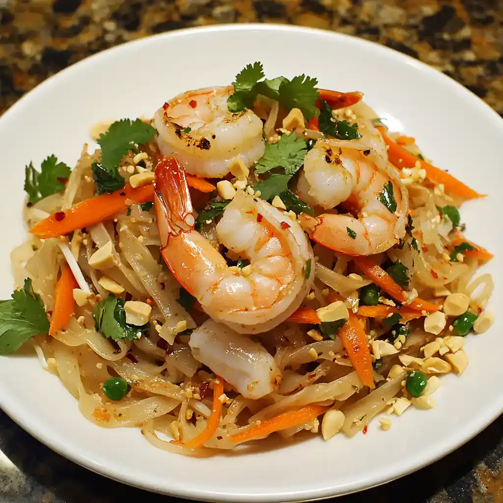 Juicy shrimp and vegetable stir-fry dish served on a white plate, garnished with cilantro and chopped peanuts. Perfect for quick, healthy meals or Asian-inspired recipes.