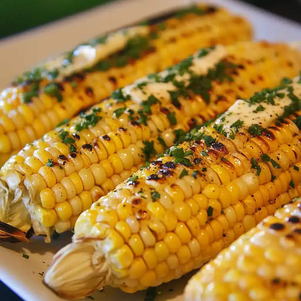 Grilled corn on the cob with butter, herbs, and seasoning, perfect for summer gatherings and outdoor meals, healthy and delicious Station Recipes.