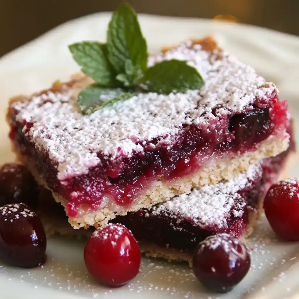 Fresh cherry pie with a crumbly crust, topped with powdered sugar and mint leaves, served on a white plate with whole cherries. Perfect dessert for cherry pie lovers.