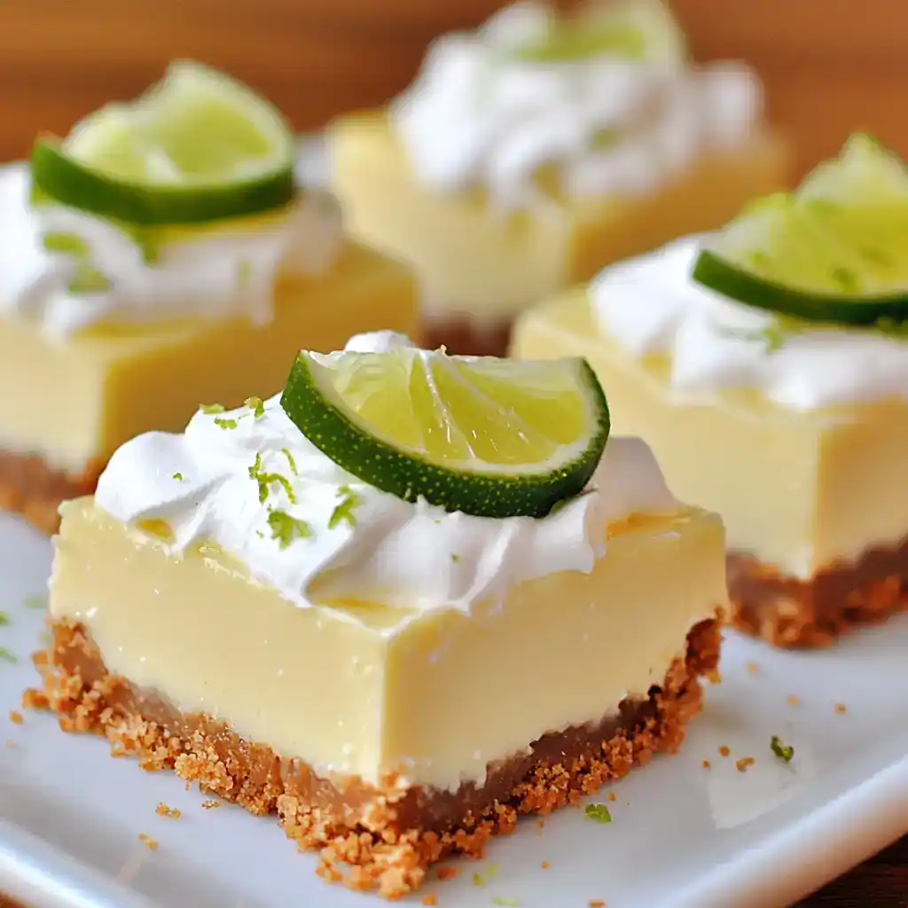 Lemon Lime Cheesecake Bars with lime wedge on top, creamy filling and graham cracker crust, perfect for summer desserts.