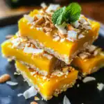 Creamy mango fudge topped with chopped almonds and fresh mint leaves, perfect for homemade dessert recipes and sweet treats from Station Recipes.