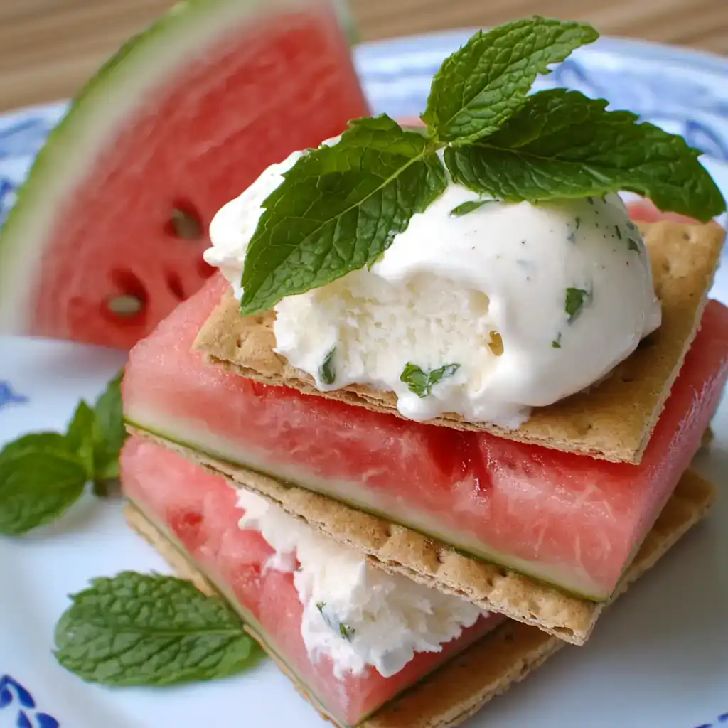 Sweet watermelon and creamy whipped feta cheese layered with crispy graham crackers, topped with fresh mint leaves for a refreshing summer treat. Perfect for picnics and outdoor gatherings.