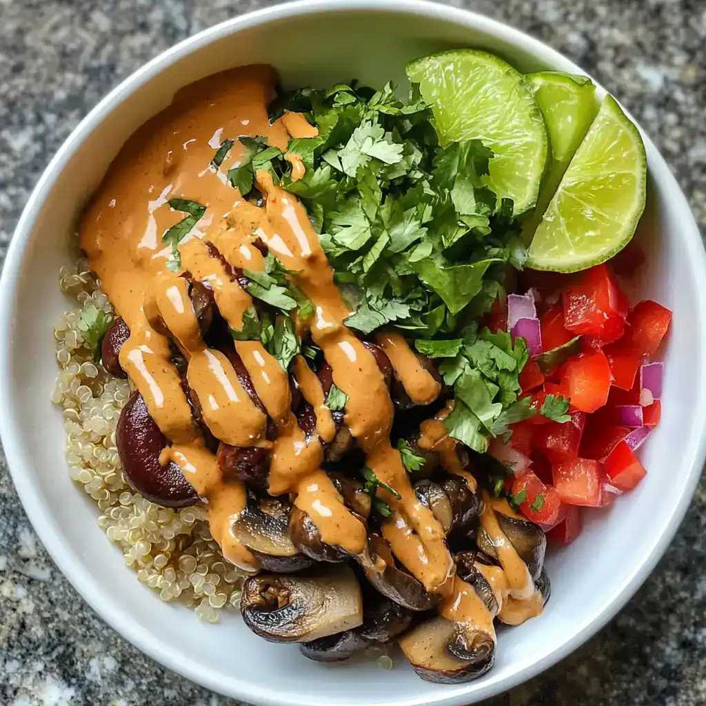 Savory chicken and vegetable quinoa bowl with creamy peanut sauce, fresh cilantro, lime wedges, diced tomatoes, and red onions for a nutritious, flavorful meal.