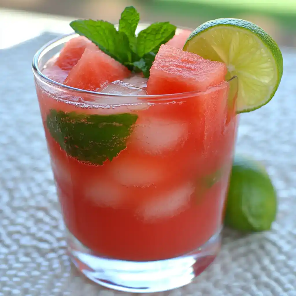Watermelon lemonade refresher with fresh mint and lime slices on a textured surface perfect for hot summer days.