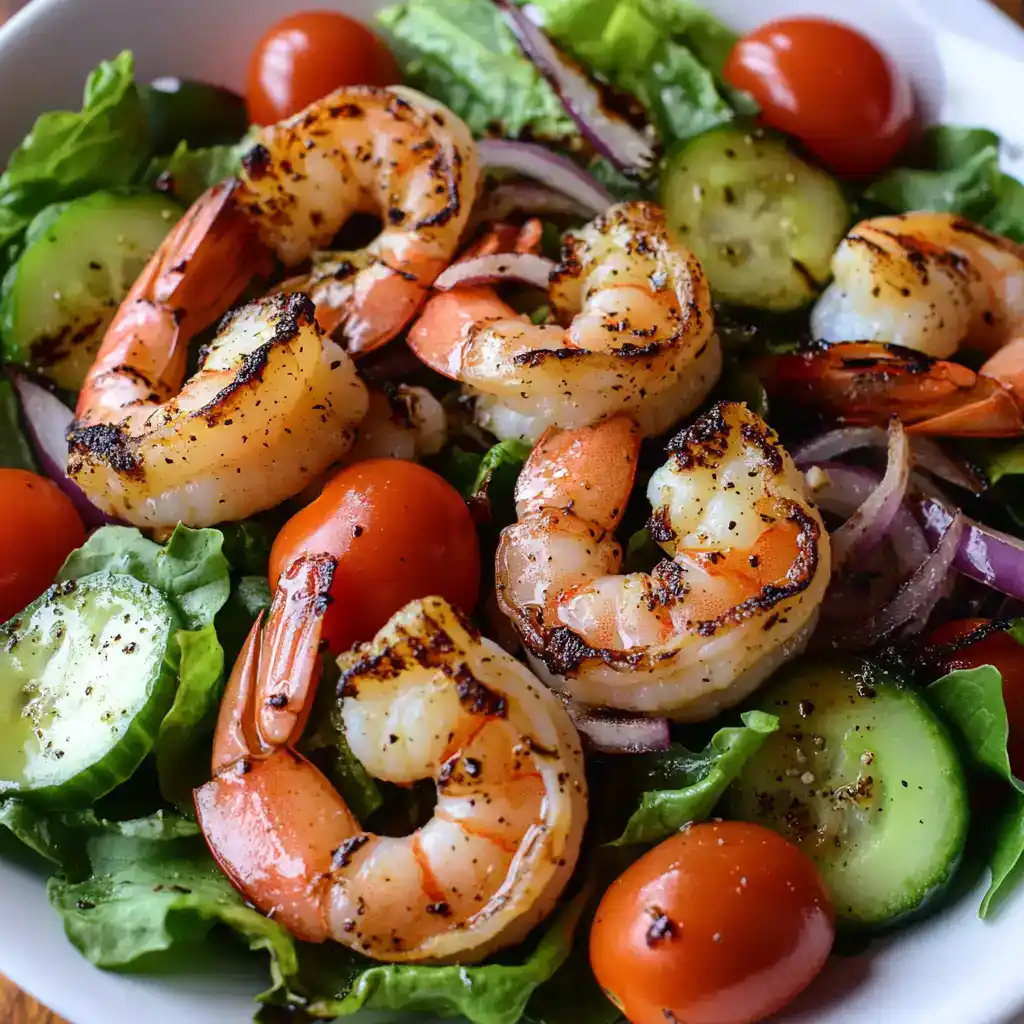 Juicy grilled shrimp salad with cherry tomatoes, cucumbers, red onions, and fresh greens, dressed with olive oil and herbs, perfect for a healthy, flavorful meal.