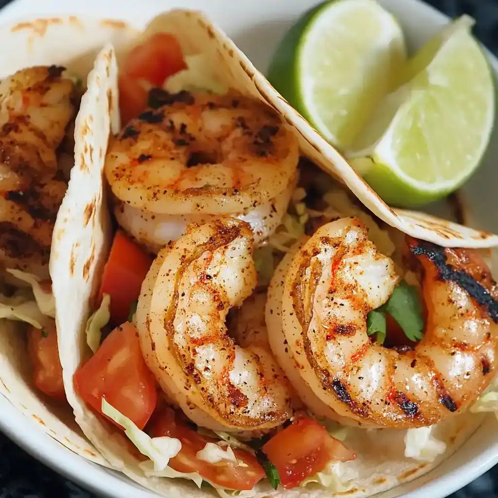Juicy grilled shrimp tacos with fresh vegetables and lime wedges, perfect for a flavorful seafood meal. Enjoy easy homemade seafood tacos with tender shrimp, crispy shell, and vibrant toppings.