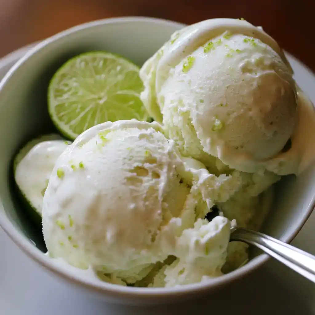 Lemon-lime ice cream with fresh lime slices in a white bowl, featuring creamy texture and citrus flavor. Perfect for summer desserts and refreshing treats, ideal for lemon-lime ice cream recipes.