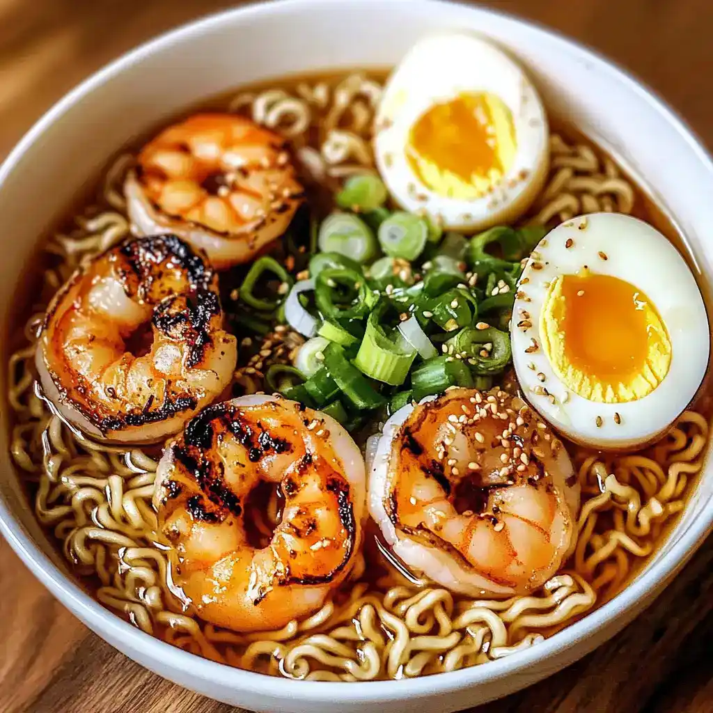 Succulent grilled shrimp ramen with soft boiled eggs, scallions, and sesame seeds in a savory broth.