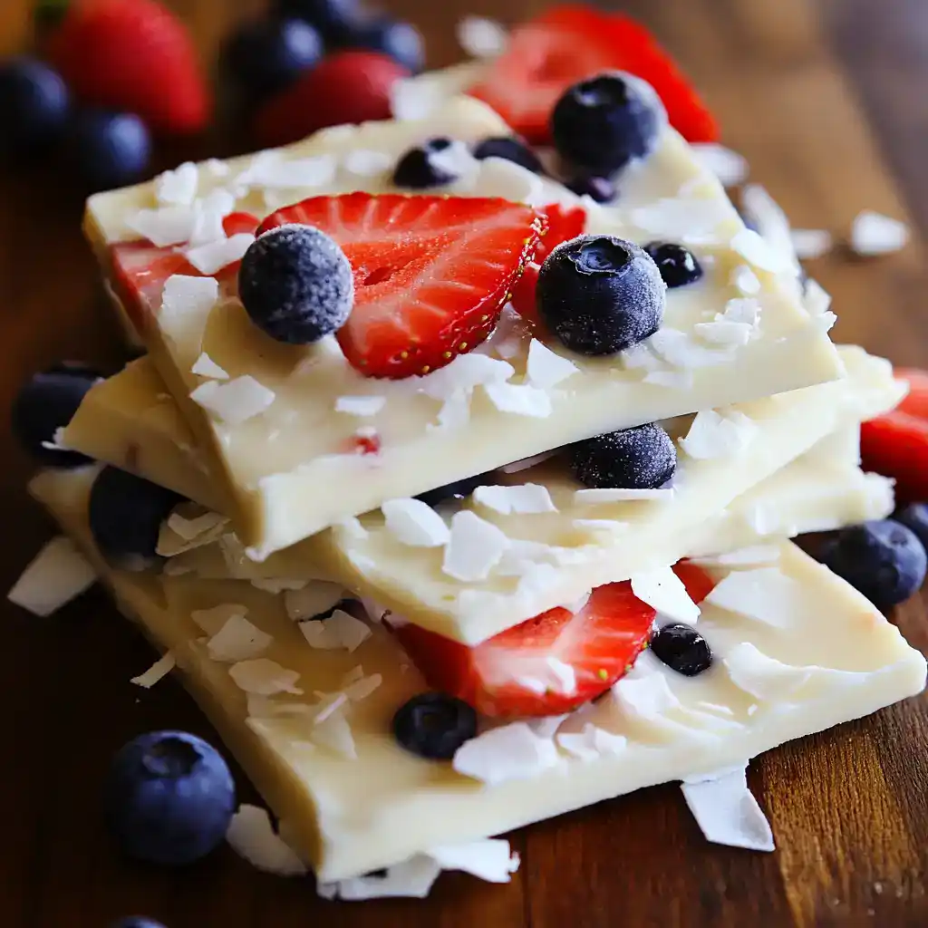 Fresh white chocolate bark topped with strawberries, blueberries, and coconut flakes, perfect for easy summer desserts and snack recipes.