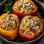 Colorful stuffed bell peppers filled with healthy barley, black beans, corn, tomatoes, and cheese, topped with fresh herbs, served in a black skillet for a nutritious meal.