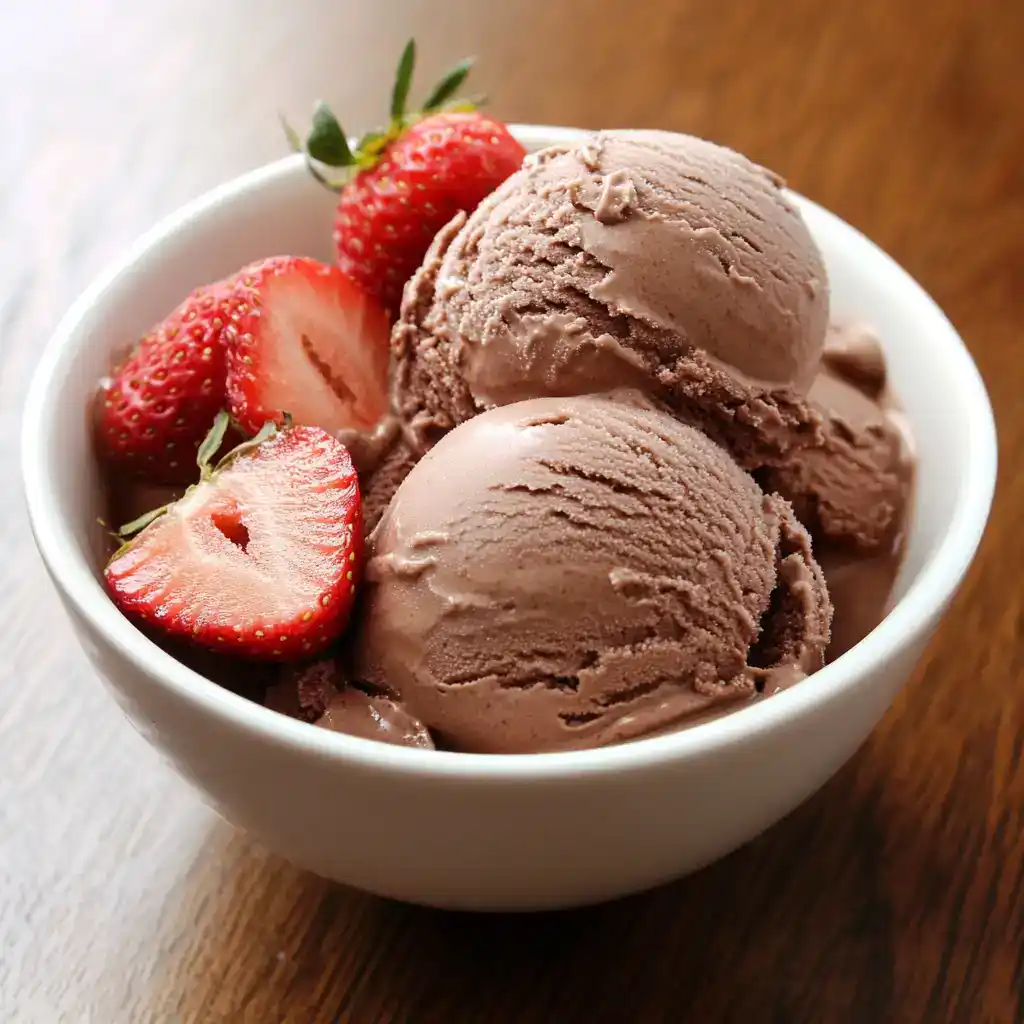 Creamy chocolate ice cream with fresh strawberries in a white bowl. Perfect homemade dessert for summer or special occasions. Served chilled for a sweet and indulgent treat.