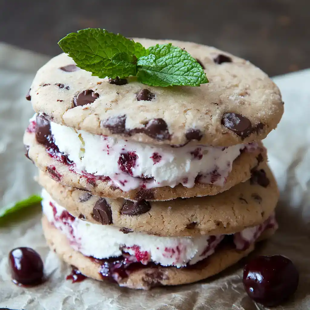 Chocolate chip cookie ice cream sandwiches with fresh mint garnish. Perfect for summer desserts and easy to make at home. Delicious combination of cookies and creamy ice cream.
