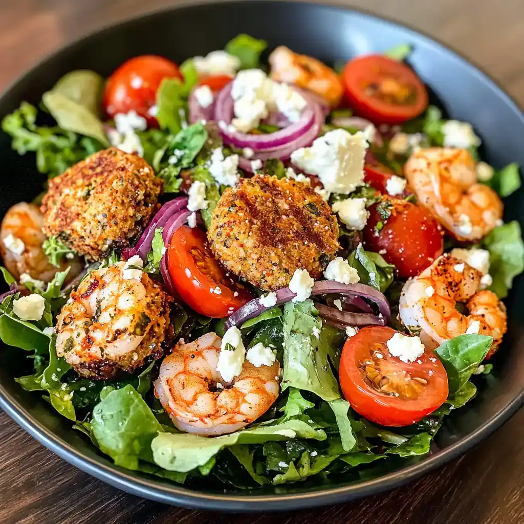 Crab cake salad with fresh vegetables, cherry tomatoes, red onions, shrimp, and feta cheese on a black plate. Healthy, flavorful, and easy-to-make seafood salad recipe from Station Recipes.