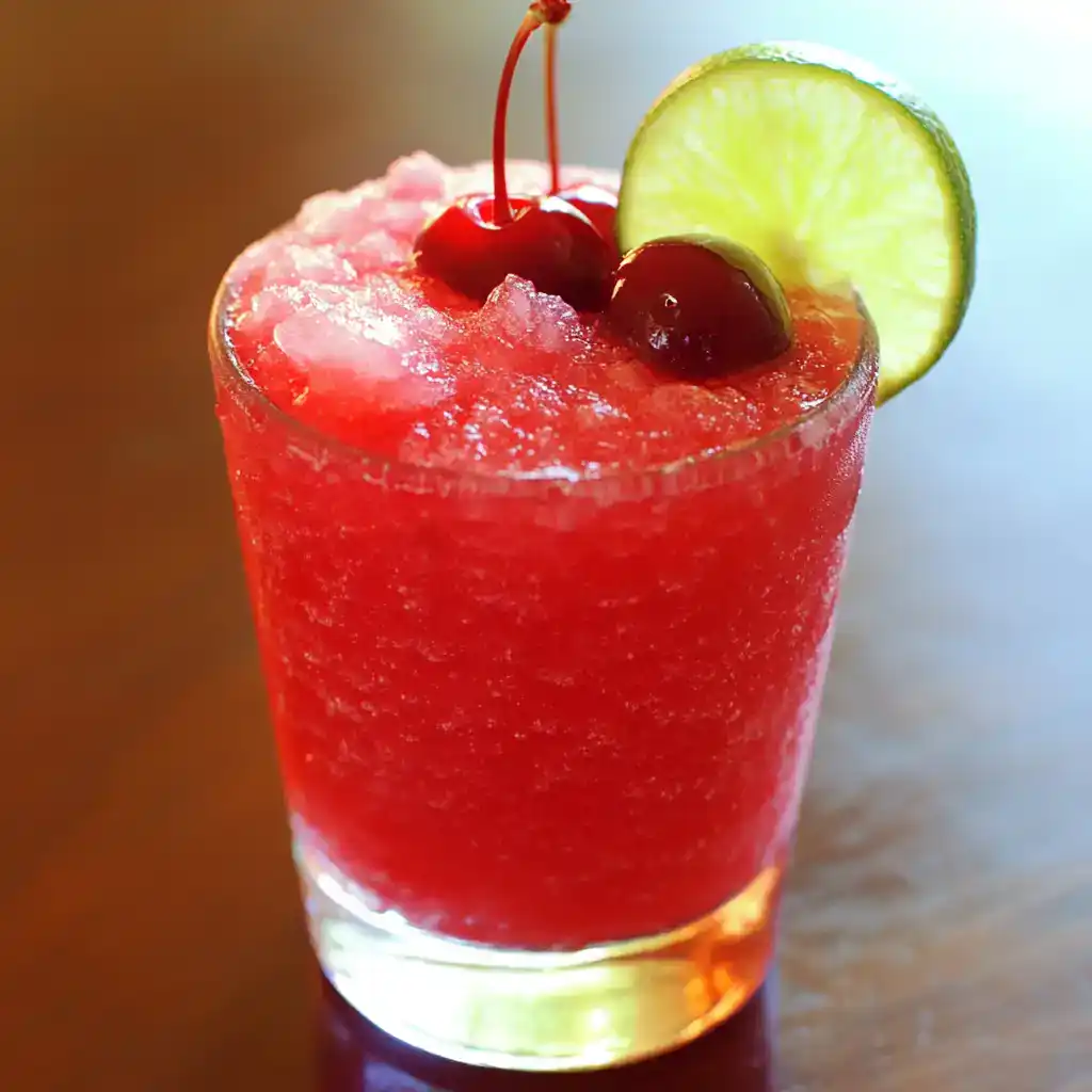 Refreshing cherry limeade cocktail with crushed ice, topped with fresh cherries and lime wedge, perfect for summer beverages and cocktail recipes.