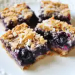 Fresh homemade blueberry crumble bars with a crunchy oat topping and sweet, juicy blueberry filling, perfect for snacks or desserts.