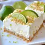 Lemon Lime Cheesecake with toasted coconut topping, garnished with lime slices and lime zest on a white plate for a fresh dessert presentation.
