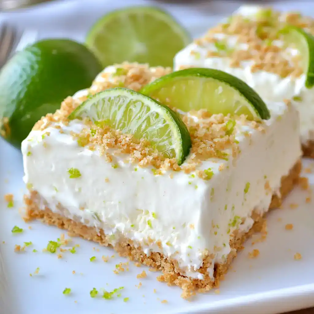 Lemon Lime Cheesecake with toasted coconut topping, garnished with lime slices and lime zest on a white plate for a fresh dessert presentation.