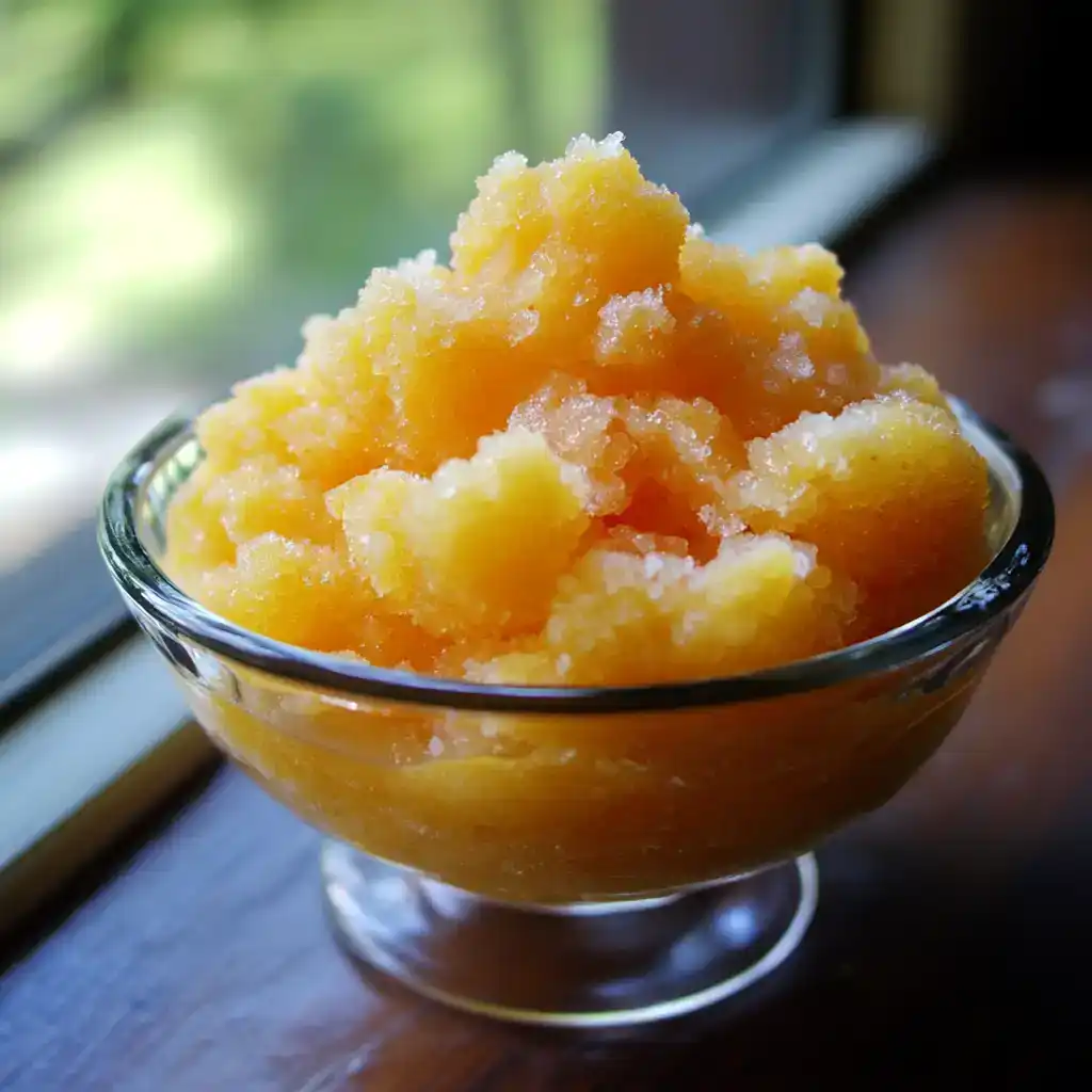 Sweet pineapple sorbet in a glass bowl, made with fresh pineapple, perfect for a refreshing summer dessert.