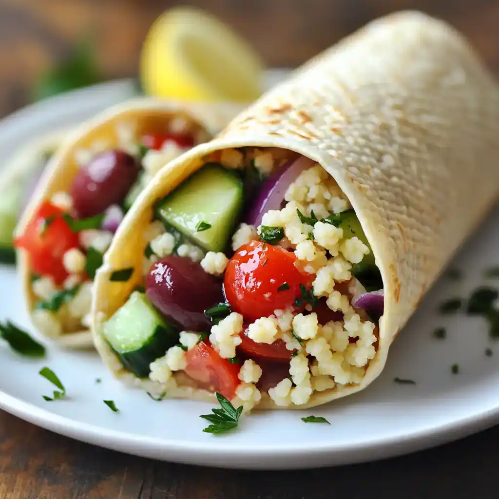Fresh vegetable and feta cheese wrap with cucumbers, cherry tomatoes, olives, and herbs on a white plate with lemon wedge. Perfect for healthy and quick meals from Station Recipes.