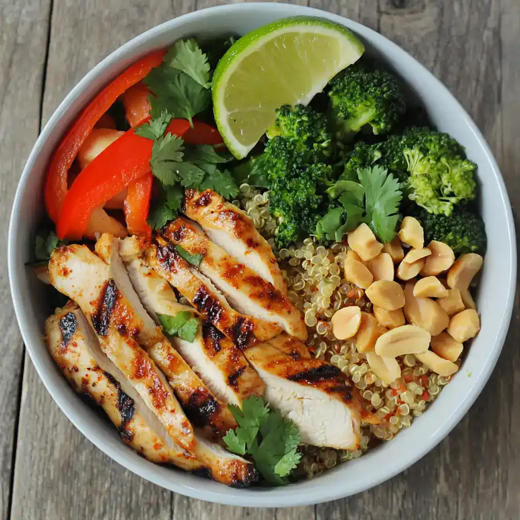 Grilled chicken quinoa bowl with red peppers, broccoli, cashews, and fresh lime wedge on top, served in a white bowl, on rustic wooden background.