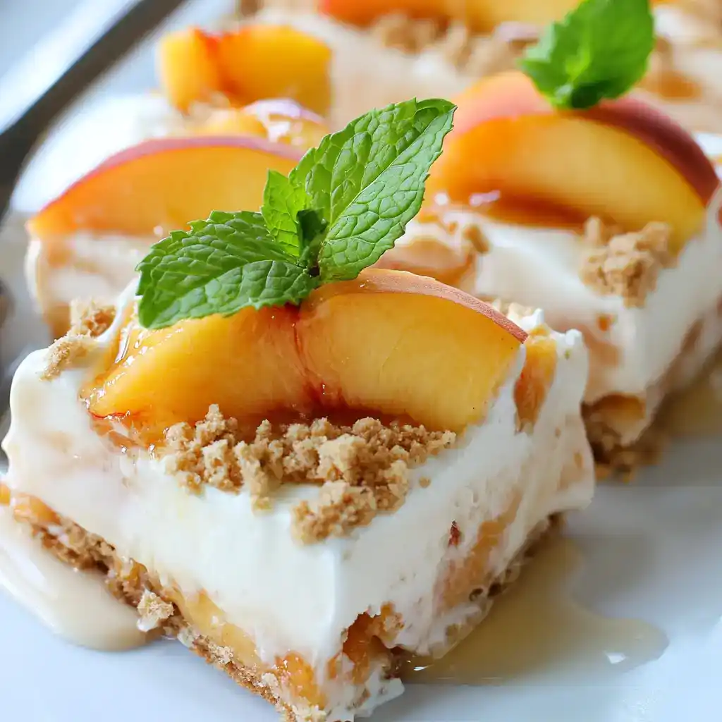 Sweet peach cheesecake dessert topped with fresh peach slices, crushed graham crackers, and mint leaves. Perfect for summer gatherings and special occasions.