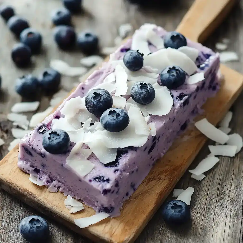 Fresh blueberry and coconut ice cream bar on a wooden tray with scattered blueberries and coconut flakes for a refreshing summer treat.