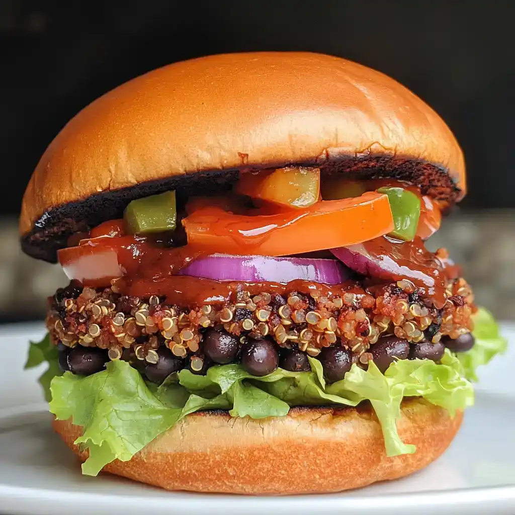 Seeded vegan black bean burger with crispy quinoa, fresh lettuce, tomato, red onion, and pickles on a toasted bun, ideal for healthy plant-based meal options.