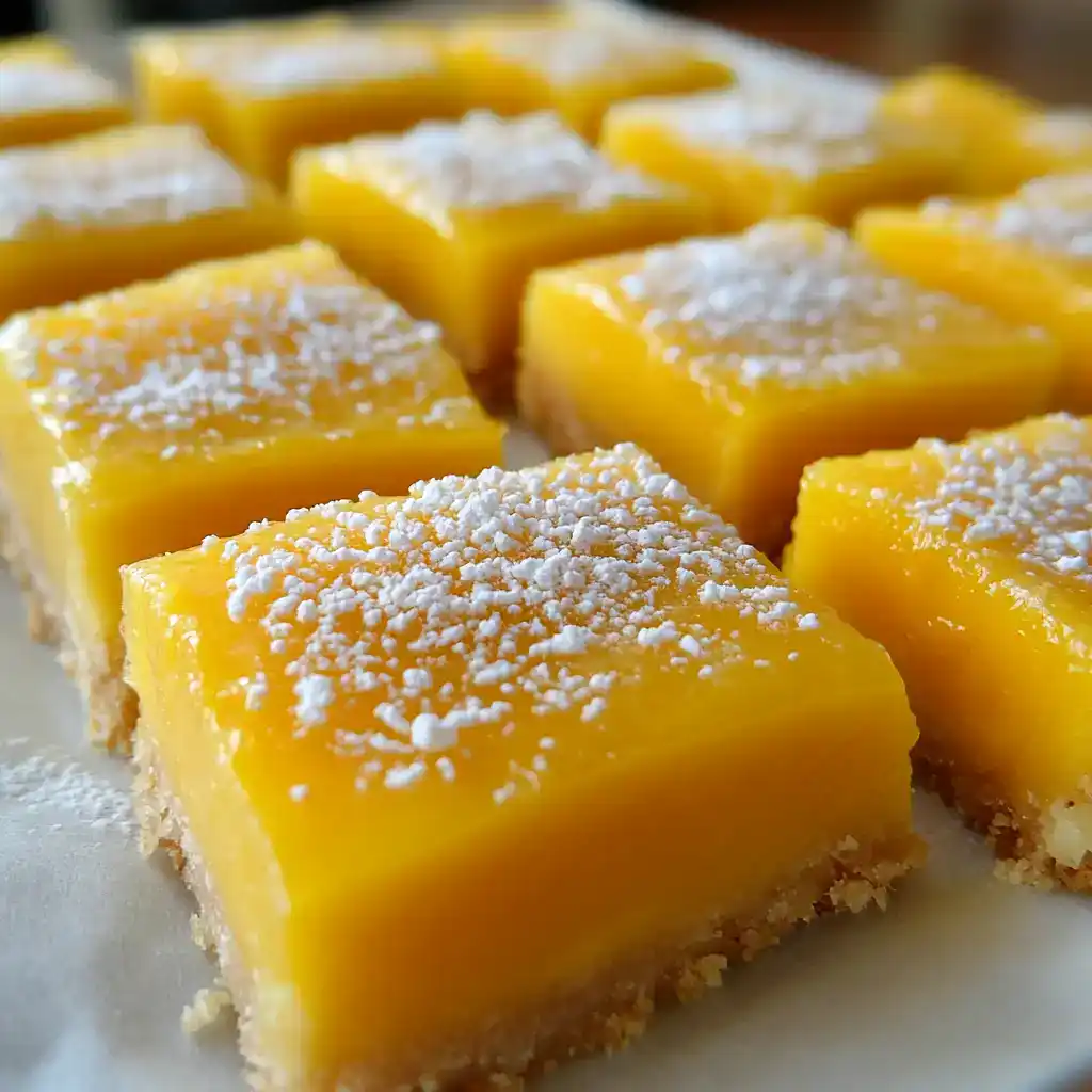 Lemon Bars, with a tangy lemon filling topped with powdered sugar on a flaky crust, perfect for spring or summer desserts. Easy to make and refreshingly citrusy.