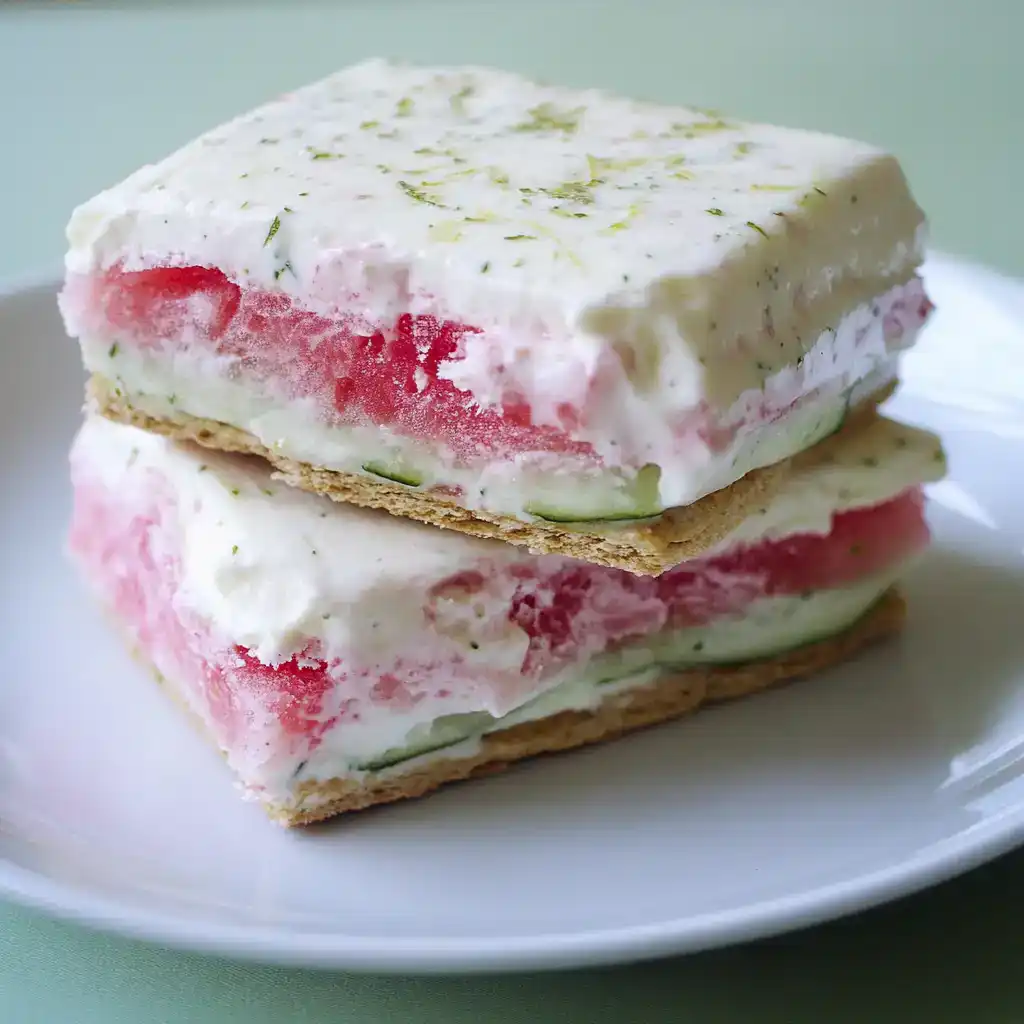 Delicious strawberry and cream layered dessert with graham cracker crust, topped with lime zest, perfect for summer recipes.