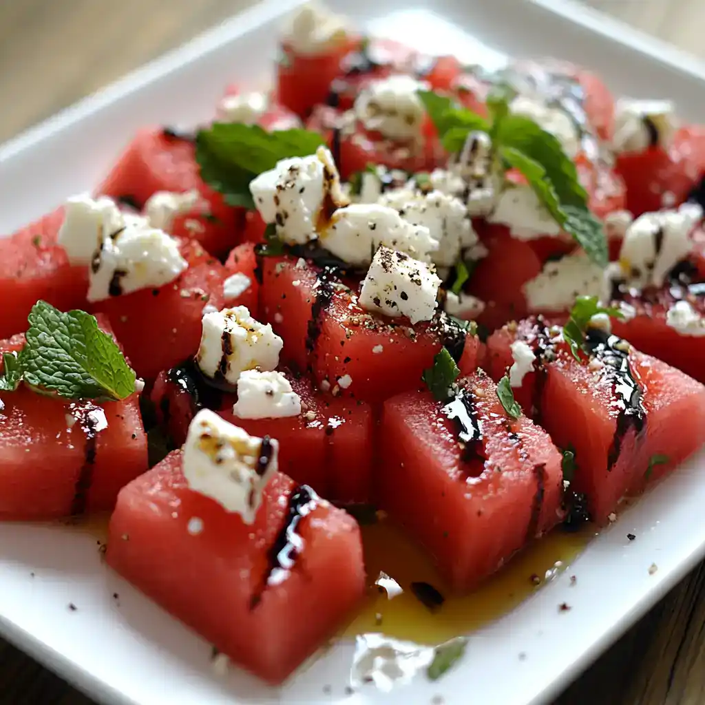 Juicy watermelon salad with feta cheese, fresh mint, balsamic glaze, and olive oil, perfect for summer refreshment. Easy to make and full of flavor, ideal for healthy, light meals.