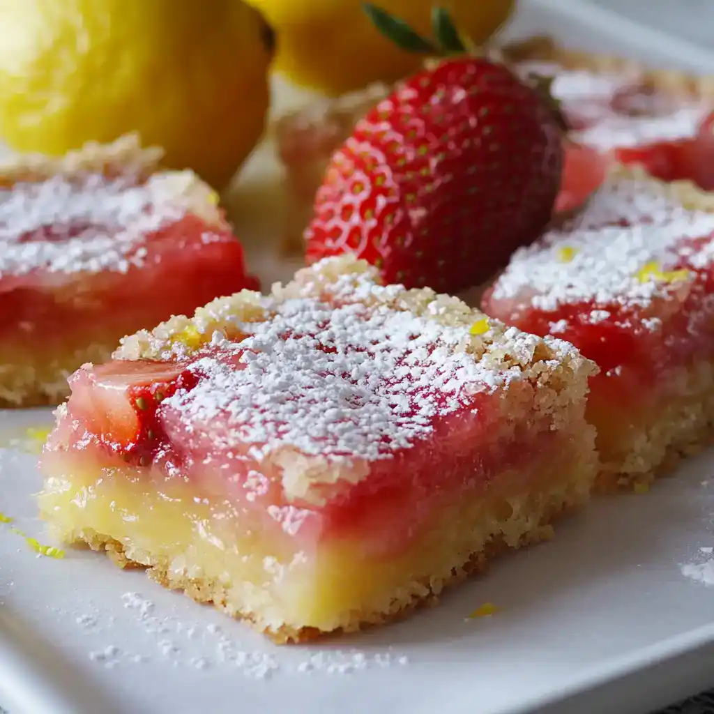 Fresh strawberry lemon bars with powdered sugar and a whole strawberry garnish, perfect for spring desserts and sweet treats.