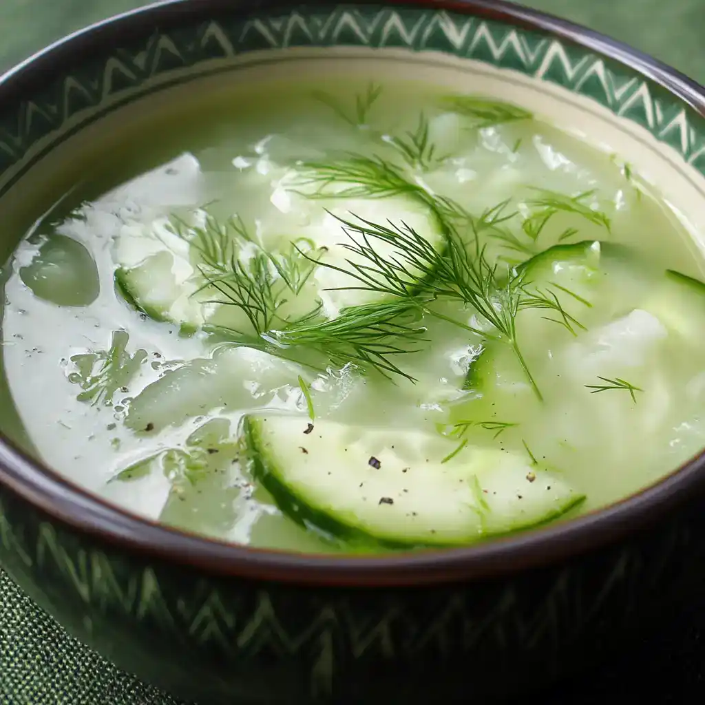 Refreshing cucumber dill soup with fresh herbs in a ceramic bowl, perfect summer cold appetizer.