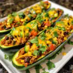 Stuffed zucchini boats topped with seasoned ground meat, black beans, corn, diced tomatoes, shredded cheese, and fresh cilantro for a flavorful healthy meal.