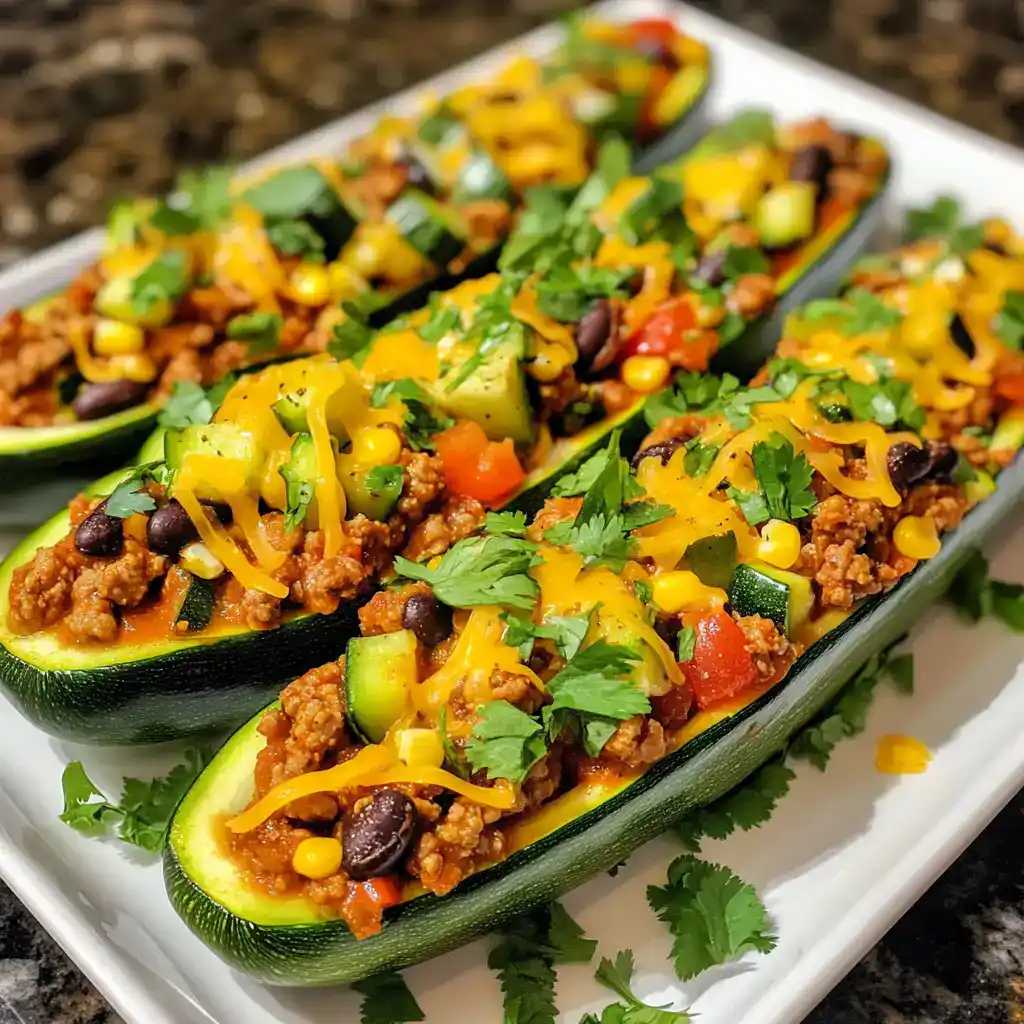 Stuffed zucchini boats topped with seasoned ground meat, black beans, corn, diced tomatoes, shredded cheese, and fresh cilantro for a flavorful healthy meal.