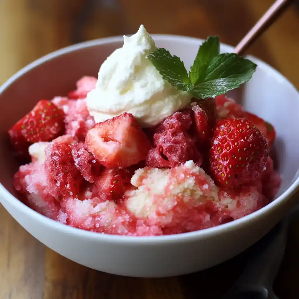 Fresh strawberry sorbet with whipped cream and mint garnish in a white bowl, showcasing a fruity and refreshing dessert perfect for summer.